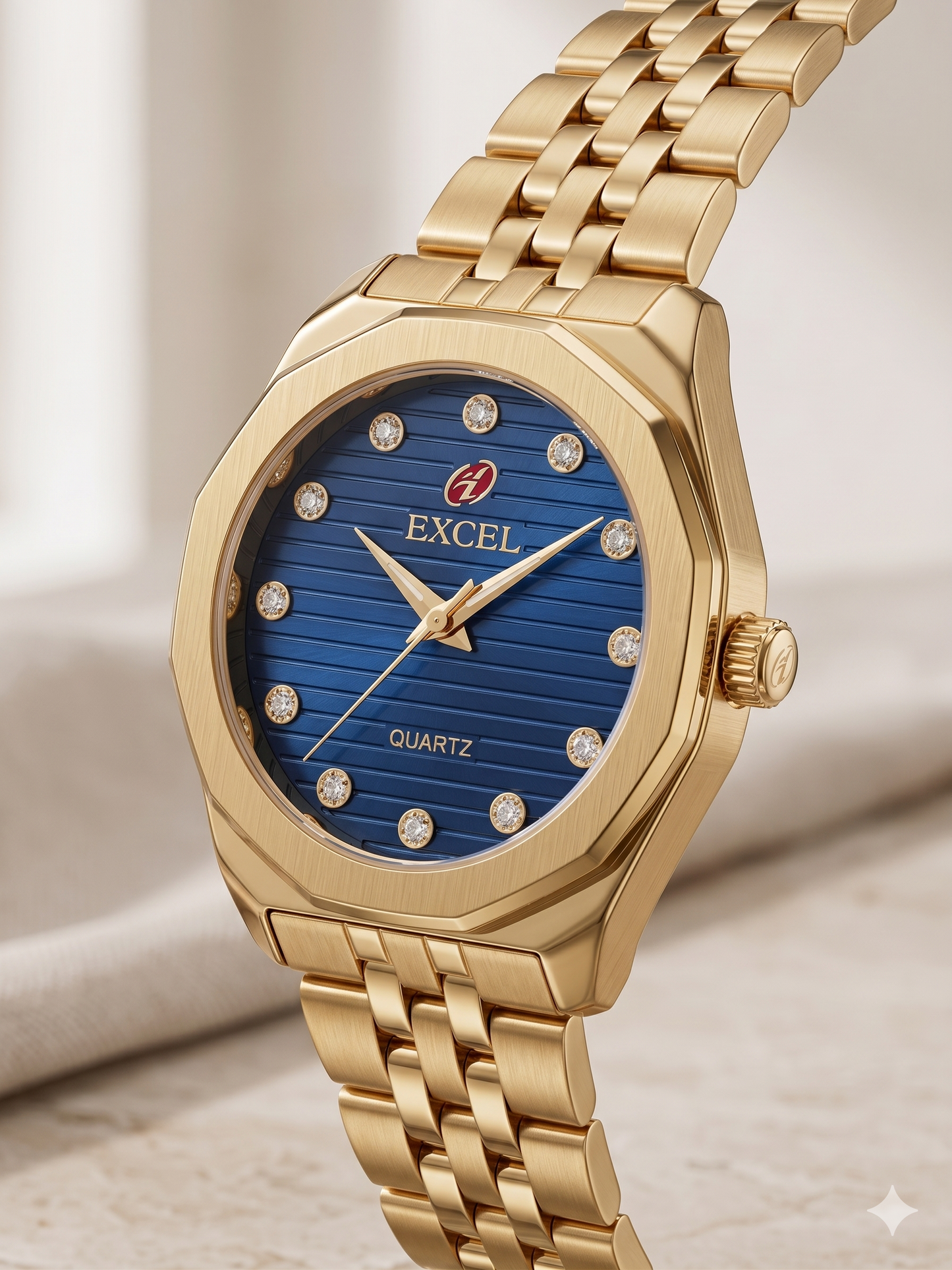 EXCEL OCTAGONAL WITH DIAMONDS EX-2101L BLUE DIAL - WOMEN'S QUARTZ