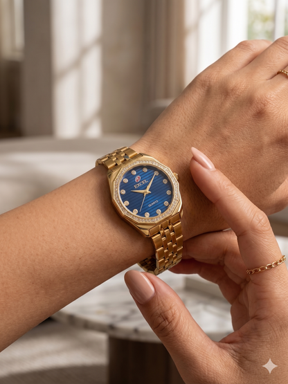 EXCEL OCTAGONAL WITH DIAMONDS EX-2101L BLUE DIAL - WOMEN'S QUARTZ