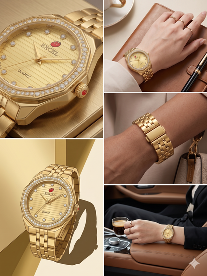EXCEL OCTAGONAL WITH DIAMONDS EX-2101L GOLD DIAL - WOMEN'S QUARTZ