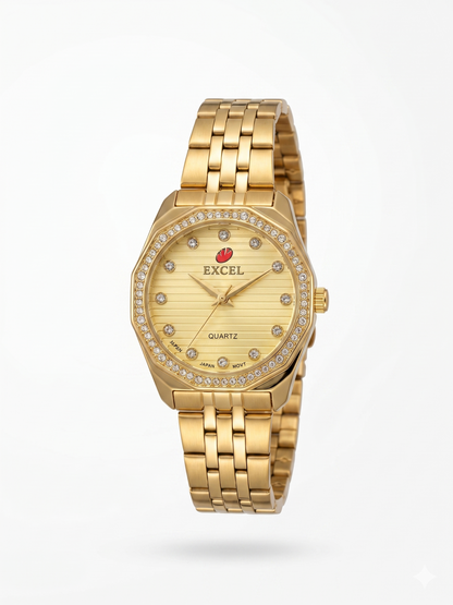 EXCEL OCTAGONAL WITH DIAMONDS EX-2101L GOLD DIAL - WOMEN'S QUARTZ