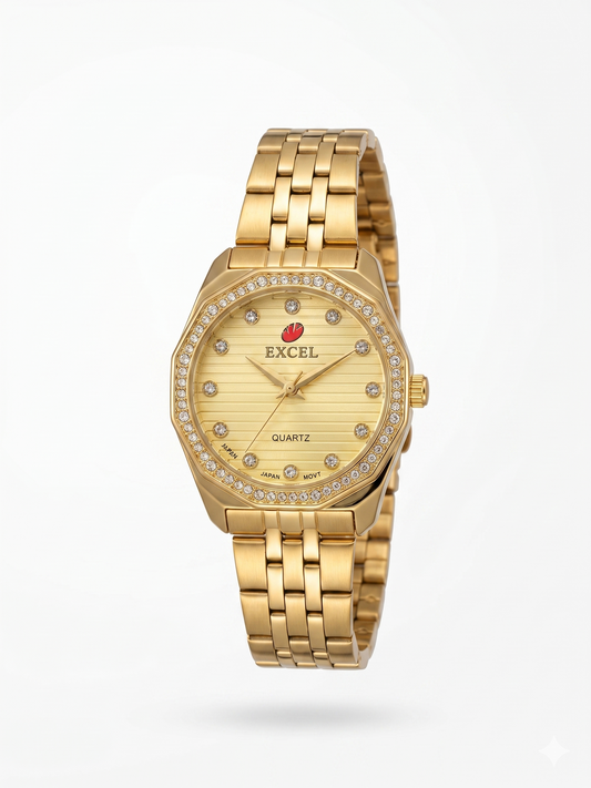 EXCEL OCTAGONAL WITH DIAMONDS EX-2101L GOLD DIAL - WOMEN'S QUARTZ