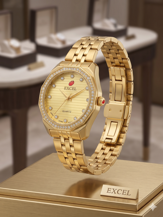 EXCEL OCTAGONAL WITH DIAMONDS EX-2101L GOLD DIAL - WOMEN'S QUARTZ