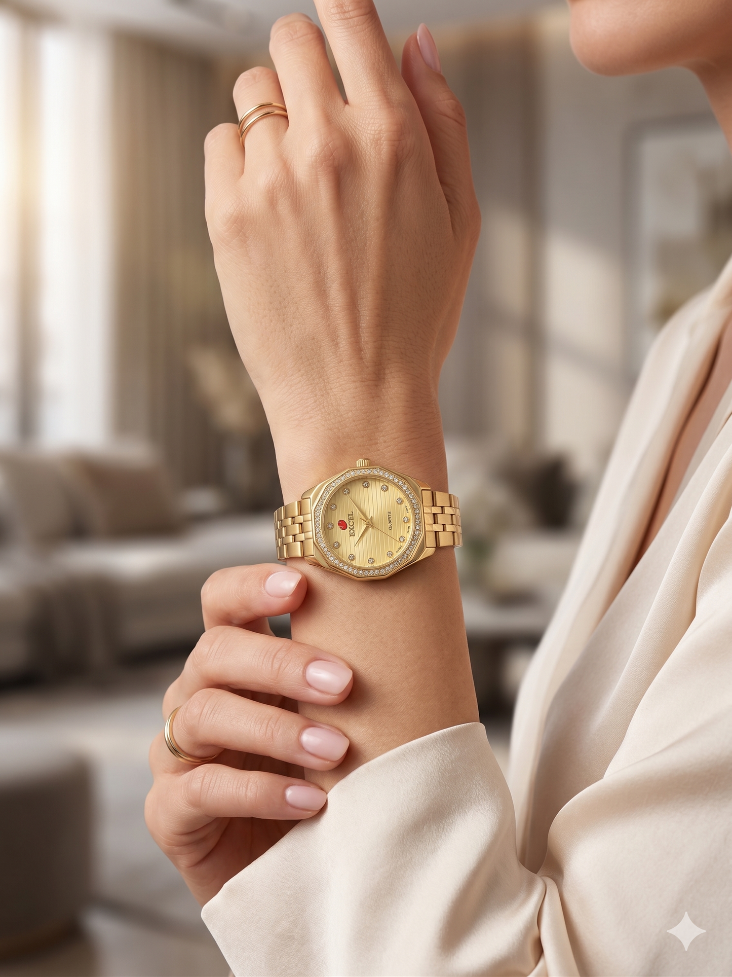 EXCEL OCTAGONAL WITH DIAMONDS EX-2101L GOLD DIAL - WOMEN'S QUARTZ