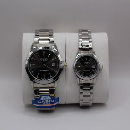 Casio Quartz Date Silver Black Dial - Couple