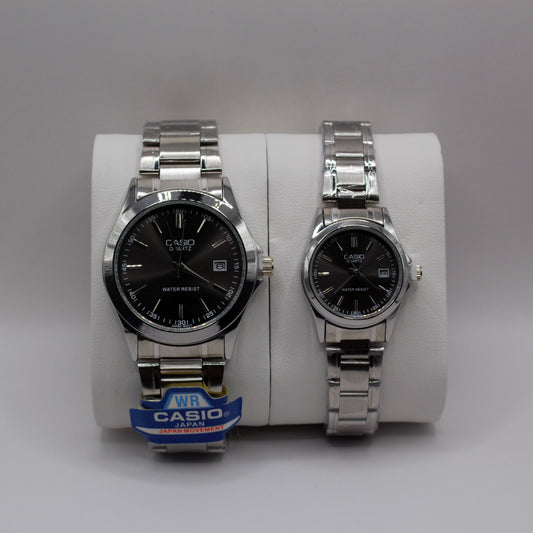 Casio Quartz Date Silver Black Dial - Couple