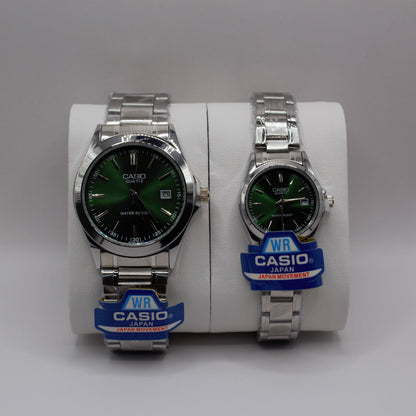 Casio Quartz Date Silver Green Dial - Couple