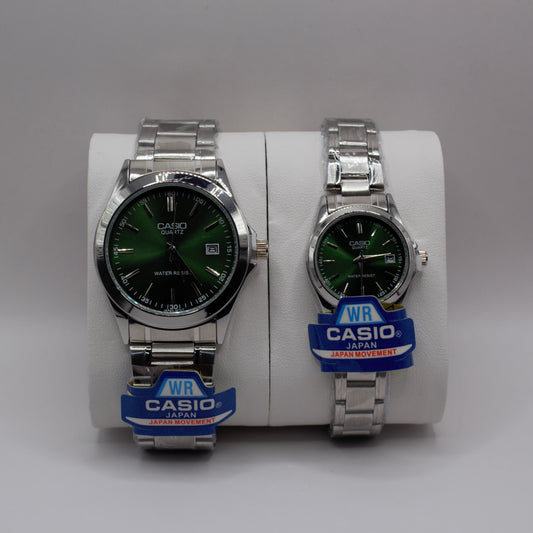 Casio Quartz Date Silver Green Dial - Couple