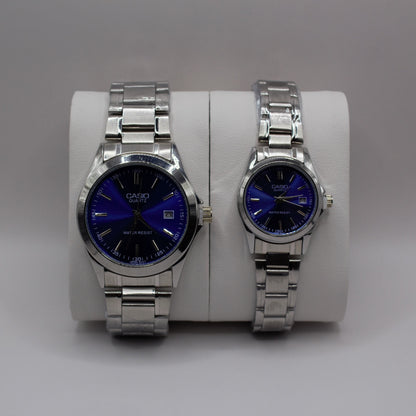 Casio Quartz Date Silver Blue Dial - Couple