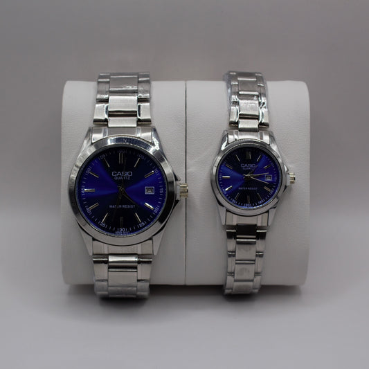 Casio Quartz Date Silver Blue Dial - Couple