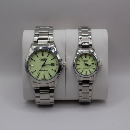 Casio Quartz Date Silver Luminous Dial - Couple