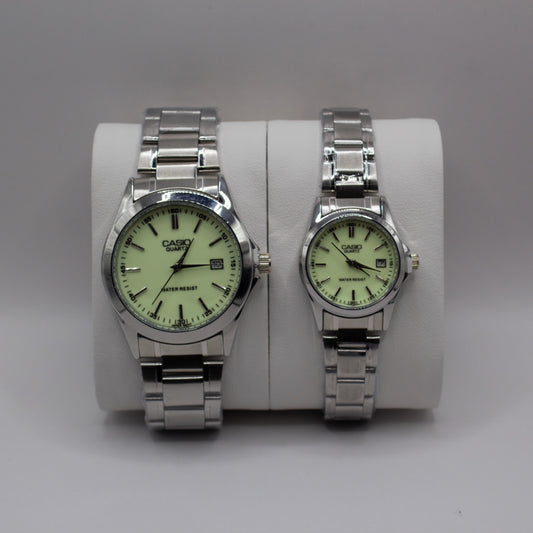 Casio Quartz Date Silver Luminous Dial - Couple