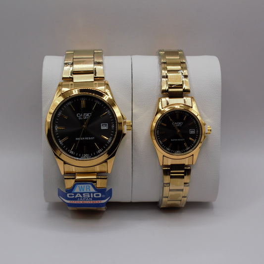 Casio Quartz Date Gold Black Dial - Couple