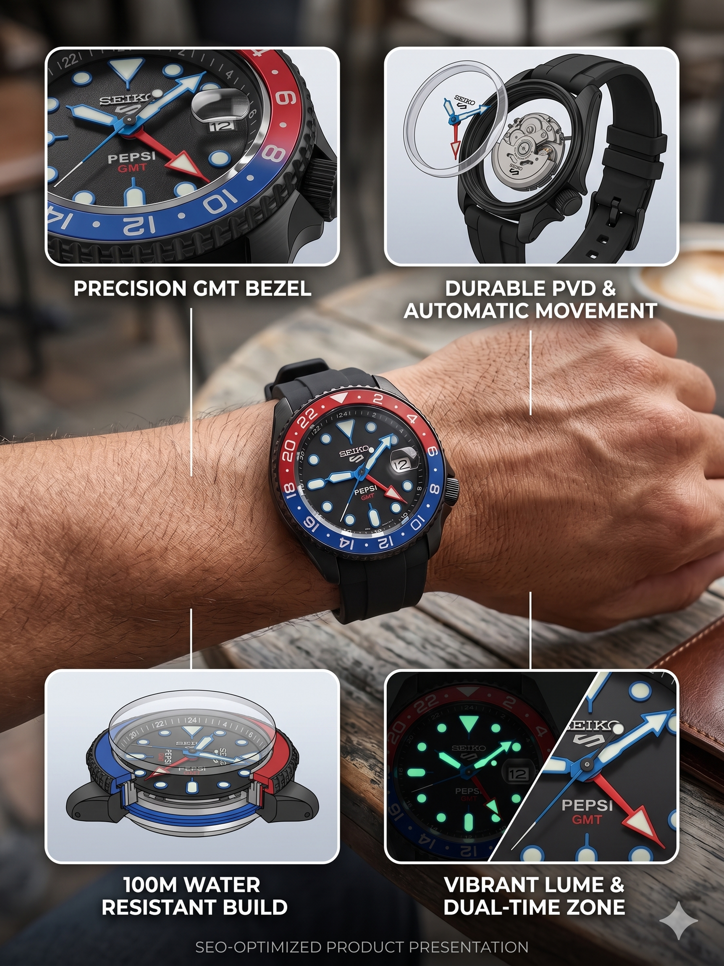 SEIKO 5 GMT PEPSI LIMITED EDITION SSK047K1 BLACK DIAL - MEN'S AUTOMATIC